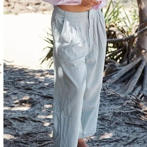 Free People Lotta Love Linen Trousers Pant Robins Egg Blue NWT Size 0 - Picture 2 of 9
